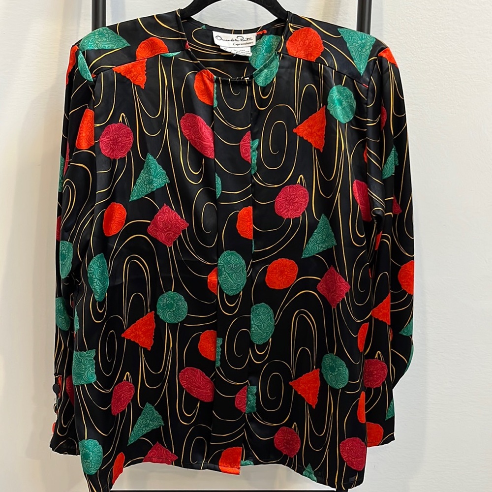 Oscar De La Renta Size 12 Blouse Long Sleeve Geometric Pattern Women